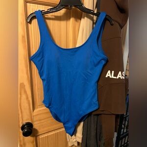 Women’s blue ribbed open back swimsuit